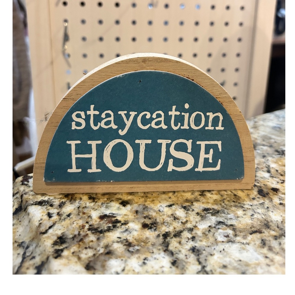 Staycation House Wood‎ Sign Teal Home Decor Shelf Sitter Cute Airbnb